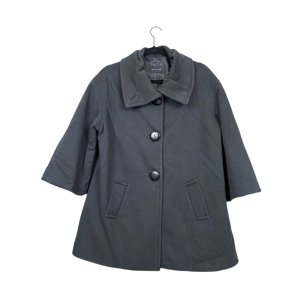 MNG Womens L Black Wool Blend Fancy Swing Jacket 3/4 Sleeve Coat Designer